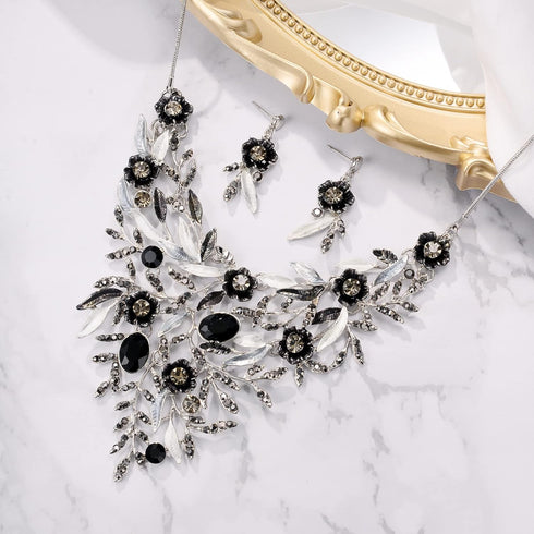 BriLove Wedding Bridal Leaf Cluster Jewelry Set for Women Crystal Flower Enamel Statement Necklace Dangle Earrings...