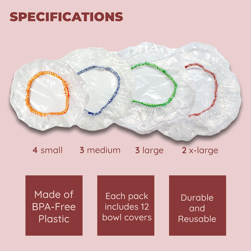 Culinary Elements Reusable Bowl Covers, 12 (Twelve)-Count, 4 Different Sizes with Elastic, Multi-Purpose Plastic Food Storage Cover sfor Leftovers...