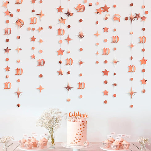 Rose Gold 10th Birthday Decorations Number 10 Circle Dot Twinkle Star Garland Metallic Hanging Streamer Bunting Banner Backdrop for Girls Boys Ten...