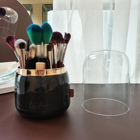Black Makeup Brush Holder Organizer with Lid,360 Spinning Easily Dustproof Shiny Makeup Brush Holder for Vanity, 7 Compartments (Black)...