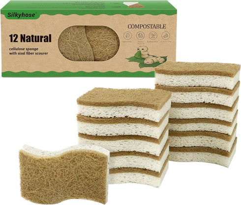 Biodegradable Natural Kitchen Sponge, Compostable Cellulose and Coconut Scrubber Eco-Friendly Dishwashing Sponge, 12 Pack Household Cleaning Foam ...