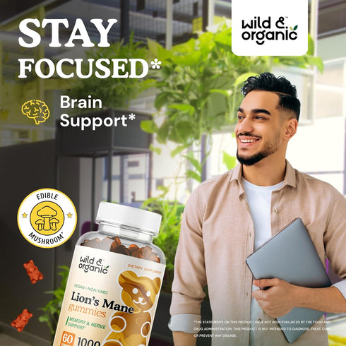 Wild & Organic Lion's Mane Gummies 1000mg - Natural, Vegan Hericium Erinaceus Mushroom Supplement - Brain Health, Focus, Immune, Antioxidant Suppo...