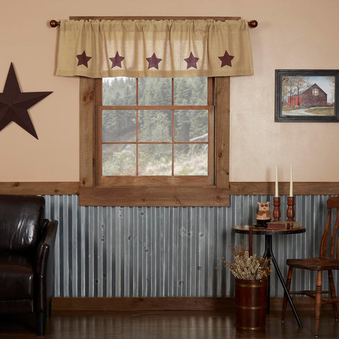 Burlap Natural with Burgundy Stars Primitive 16"x72" Valance Tan Rod Pocket Stenciled Cotton Kitchen Window Curtains...