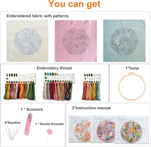 Myfelicity Embroidery kit for adults, Embroidery Material Set with Cute Flowers and Plants Patterns. 3 Embroidery Clothes and Colors Threads. 1 Ho...