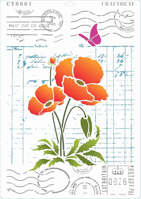 CrafTreat Stencils for Painting on Wood, Canvas and Fabric - Ledger Poppy, Flower Collage, Bird Song & Bits and Pieces - 4 Pcs - Size: A4 (8.3 x 1...