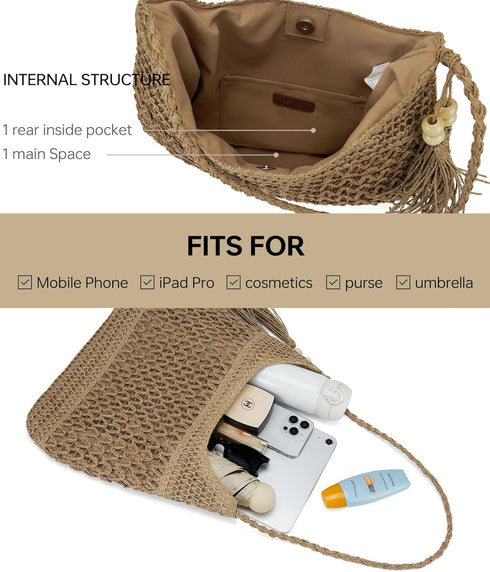 Straw Packable Mesh Beach Bag Large Beach Bag The Tote Bag for Women Hobo Bags for Women Crossbody Purses for Women Travel Beach Bag Woven Beach B...