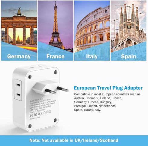 2 Pack European Travel Plug Adapter with USB C, US to Europe Power Adapters with 4 AC Outlets, 3 USB Charging Ports, International Plug Adapter, 7...