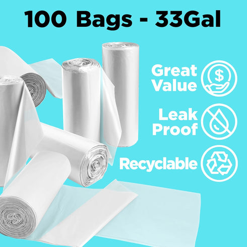 33 Gallon Trash Bags, Recycling Bag, 33 x 39” Garbage Bags (100 COUNT/CLEAR) – Outdoor Industrial Garbage Can Liner for Custodians, Landscapers, L...