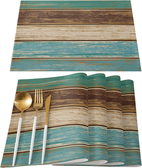 Vandarllin Placemats Set of 6, Retro Rustic Wood Texture Polyester Stain Resistant Table Mats Washable Placemat Decoration for Kitchen Dining Tabl...