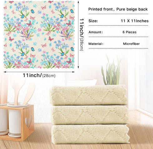 Kitchen Dish Cloths Towels Blue Flowers Butterflies Reusable Super Absorbent Cleaning Dish Rags Nonstick Oil Washable Fast Drying, 12x12 in 6 Pack...