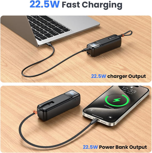 Small Portable Charger with Foldable Wall Plug 5000mAh,22.5W Fast Charging Power Bank Built in USB-C Cable,Mini External Battery Pack with LED Dis...