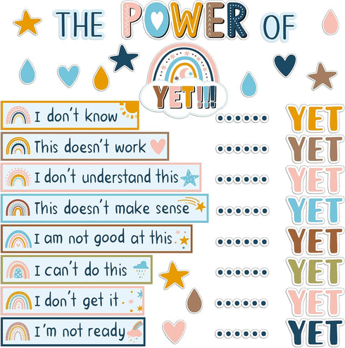Boho The Power of Yet Classroom Bulletin Board Decoration Rainbow Motivational Growth Mindset Cutouts Boho Rainbow Inspirational Wall Decor for El...