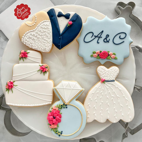 Ann Clark Cookie Cutters Wedding Cookie Cutters 5-Pc Set Made in the USA, Square Plaque, Wedding Cake, Wedding Dress, Diamond Ring, Double Heart...