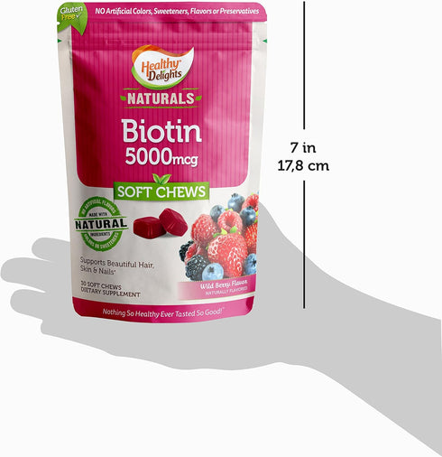 Healthy Delights Naturals, Biotin Soft Chews, Supports Lustrous Hair, Glowing Skin & Strong Nails, Delicious Wild Berry Flavor, 30 Count...