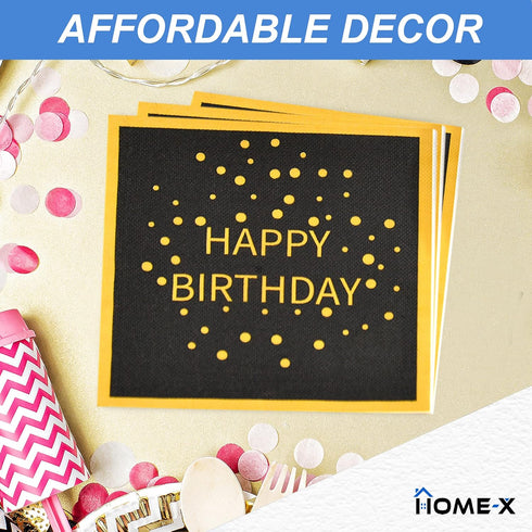HOME-X Happy Birthday Black and Gold Paper Napkins, Square Party Napkins, 48 Count - 6.5" x 6.5"...