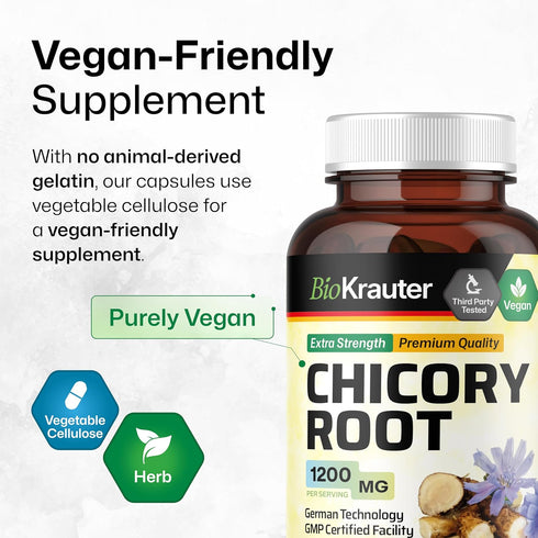 BIO KRAUTER Chicory Fiber Supplement - 1200 mg Strength - 100 Count - Chicory Root Powder - Inulin Capsules for Digestive Support - Vegan...