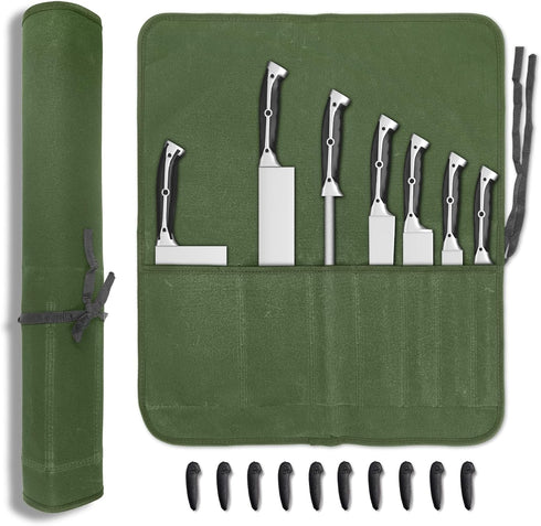 Knife Roll, Chef Knife Bag, Waxed Canvas Heavy Duty Knife Pouch with 7 Slots, Knife Bags for Chefs Professional with Knife Tip Protectors Tool Sto...