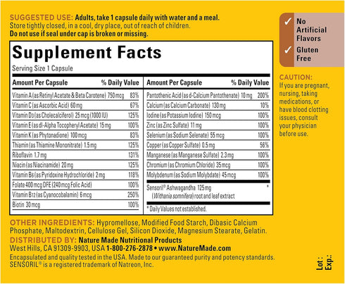 Nature Made Multi + Ashwagandha, Multivitamin for Daily Stress Relief Support, One Per Day Multivitamin, 60 Capsules...