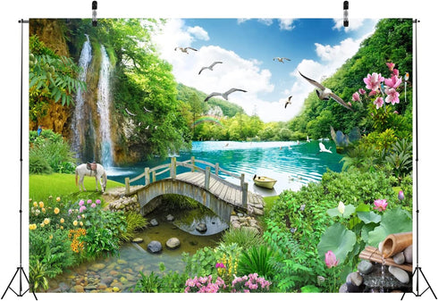 BELECO Picturesque Garden Background Fabric 5x3ft Outdoor Tropical Landscape Mountain Trees Waterfall Lake Birds White Horse and Wooden Bridge Sce...