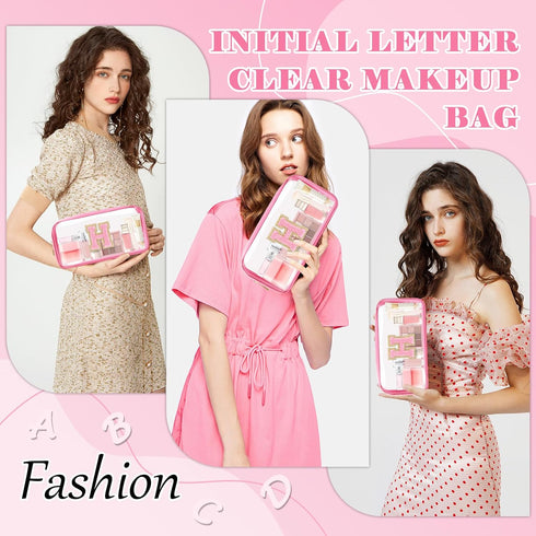 Personalized Initial Letter Clear Makeup Bag,Preppy Small Nylon&PVC Cosmetic Zipper Bag with Chenille Letter,Portable Beach Travel Skincare Toilet...
