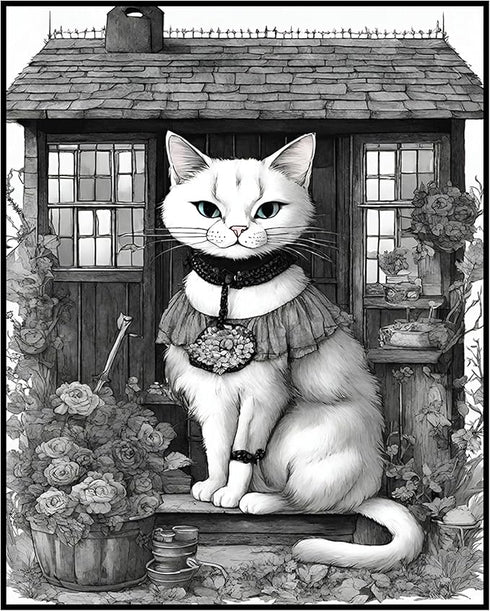 Posterizer 1 pcs- gothic themed house with white cat-Gothic Art-Art for Animal Lovers- Living Room Bedroom Decor- unframed wall art...