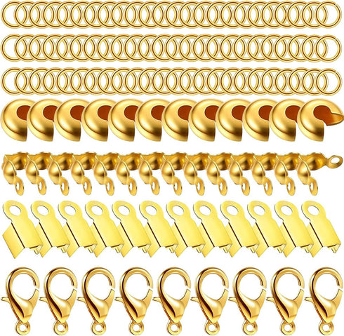 900 Pcs Jewelry Making Accessories Set 50 Lobster Clasps 150 Half Round Open Crimp Beads 400 Open Jump Ring Connectors 150 Bead Tips Knot Covers a...