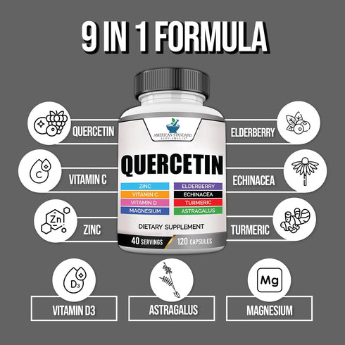 American Standard Supplements Quercetin 1000mg Per Serving with Zinc, Vitamin C, Vitamin D3, Magnesium, Elderberry, Echinacea, Turmeric, Astragalu...
