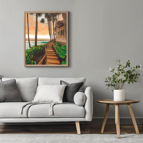 Posterizer 1 pcs-serene coastal scene with tall palm trees and stairway 4-Landscape & Nature Art-Coastal & Nautical Art-Decor for Home & Office- u...