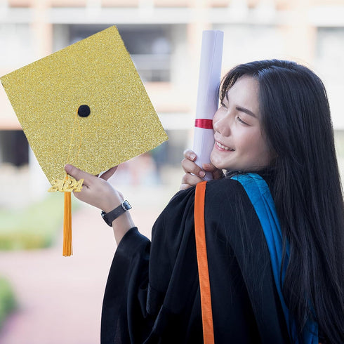 TKNOUS 10Pcs DIY Grad Cap Decorations - Gold Glitter Heavyweight Premium Construction Paper with Gold 2024 Graduation Charm for Graduation Cap Tas...