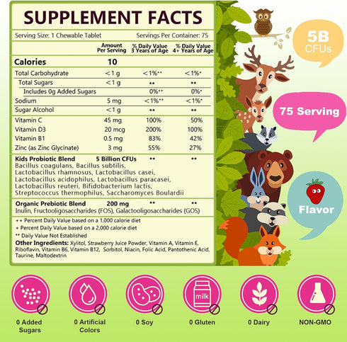 Kids Probiotic Chewable, 5 Billion CFUs Probiotics + Prebiotics For Kids Ages 3+, Kid Daily Probiotics For Digestive Health, Immune Support & Appe...