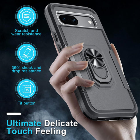 for Google Pixel 8a Case with Screen Protector + Camera Lens Protector,Heavy Duty Shockproof Full Body Protective Cover Built in Rotatable Metal R...