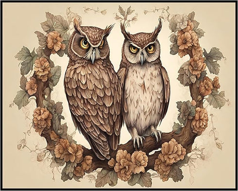 Posterizer 1 pcs- Two owls sitting on a tree with wild flowers-Art for Animal Lovers-Floral Botanical Art- Gift for Men Women Teens-Decor for Hom...