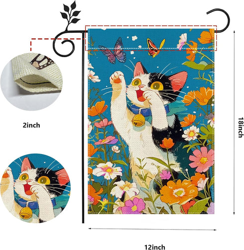 Summer Cat Garden Flag, Flower Butterfly Garden Flag, 12x18 Inch Vertical Double Sided Burlap, Welcome Holiday Yard Lawn Flag, Outdoor Patio House...