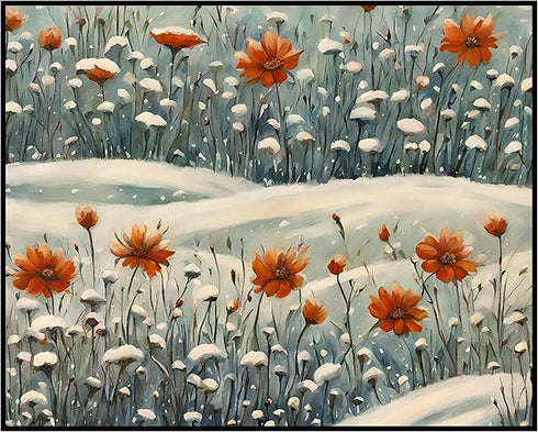 Posterizer 1 pcs-snowy winter flowers scene in oil painting style-2-Landscape & Nature Art-Floral & Botanical Art- Dining Room Decor- unframed wal...