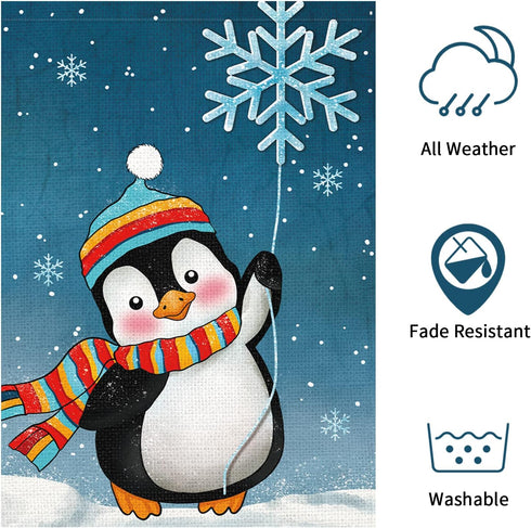 Winter Penguins Garden Flag Welcome Christmas Snowflakes Scarfs Yard Flags 12x18 Inch Double Sided Burlap Xmas Banner for Winter Holiday Christmas...