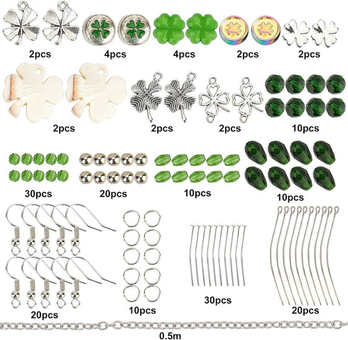 SUNNYCLUE 1 Box DIY 10 Pairs St Patrick's Day Earring Making Kit Green Theme Earrings Four-Leaf C Shamrock Peandant Charms Crystal Beads for Earri...