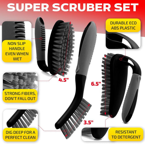 Scrub Brush Set of 3pcs - Cleaning Shower Scrubber with Ergonomic Handle and Durable Bristles - Grout Cleaner Brush - Scrub Brushes for Cleaning B...