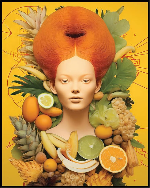 Posterizer 1 pcs-redhead vintage woman with fruits collage-Abstract & Modern Art-Retro Art-Gift for Art Lovers-Art for Cafe, Restaurant, Coffee Ba...