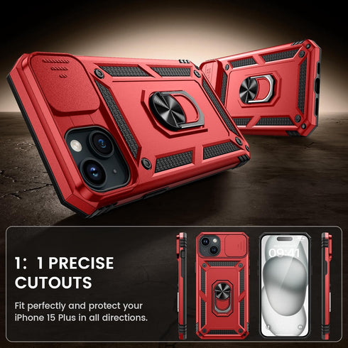 Goton for iPhone 15 Plus Case with Screen Protector - Slide Camera Cover Protective Phone Case with Ring Stand, Heavy Duty Shockproof Rugged Bumpe...