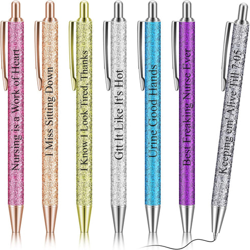 7 Pcs Funny Nurse Pens Glitter Metal Pen for Nurses Appreciation Gifts Black Ink Ballpoint Pens Retractable Ballpoint Pens Funny Gifts for Kids St...