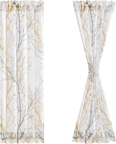 FMFUNCTEX Sheer Sidelight Front Door Curtains 40 Inches Long White Yellow Branch Tree Half Print Curtain for Patio Doors with Matching Tiebacks 24...