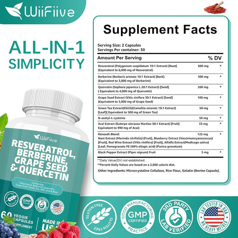 NEW Resveratrol 6000mg Berberine 3000mg Grape Seed 3000mg Quercetin 4000mg,Polyphenol Supplement for Women and Men with Red Wine Pomegranate Noni ...