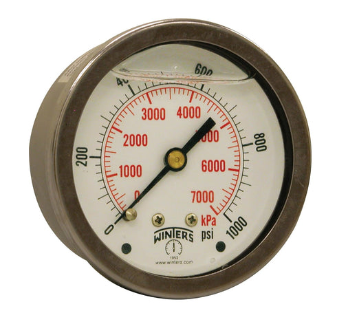 Winters 2-1/2" Dial Size, Liquid Filled Industrial Pressure Gauge, Brass Internals, Stainless Steel Case, Dual Scale 0-1,000 psi/kPa, 1.5% Acc, 1/...