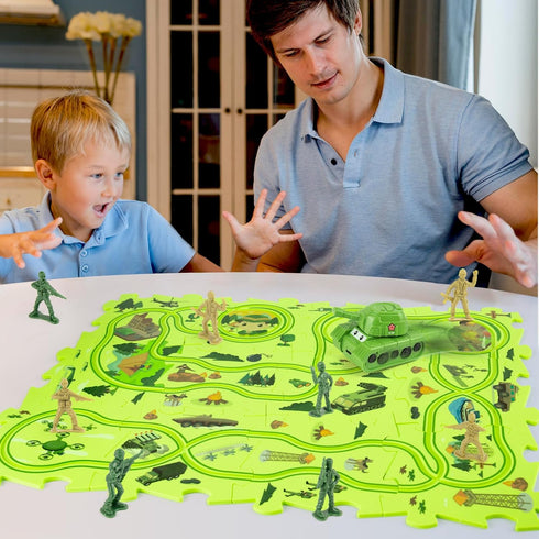 Toy Puzzle Track wiht Army Figures Race Car for Kids Age 3-5, Plastic Puzzle Track Toy Tank Vehicle, Car Tracks for Toddlers 4 5 6 7 Year Old, Mil...