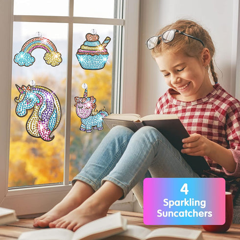 Gem Painting Kit for Kids, 24 Pieces DIY Painting Stickers, 4 Suncatchers and DIY Painting Tools to Create Your Own Diamond Stickers Cute Art Craf...