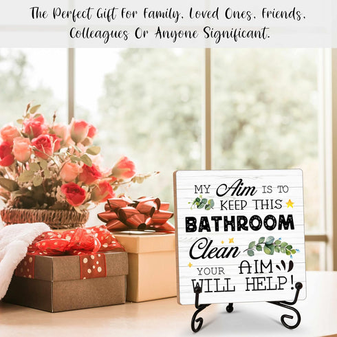 Bathroom Decor Wood Sign, My Aim Is To Keep This Bathroom Clean Wood Block, 5x5 Inch Wood Sign Comes With Iron Stand, Perfect For Home Bathroom To...
