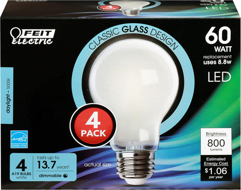 Feit Electric A19 LED Light Bulb, 60W Equivalent, Dimmable, 800 Lumens, E26 Med Base, 5000K Daylight, 90 CRI, 8.8W Standard Glass Filament Lightin...
