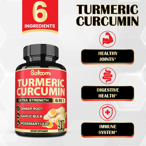 6in1 Turmeric Curcumin Supplement - 3 Month Supply - 95% Curcuminoids with Ginger Root, Garlic Bulb, Rosemary & Black Pepper - 90 Capsules...
