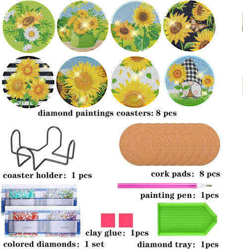 8 Pcs Diamond Painting Coasters, Sunflower Diamond Painting Coasters for Adults DIY Diamond Art Coasters for Drinks Painting Kits Supplies...