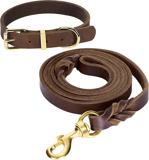 Guiding Star 5ft Leather Dog Leash and Collar Set, Soft Braided Leather Dog Leash 5ft with Adjustable Dog Collar, Heavy Duty Leather Dog Collar an...